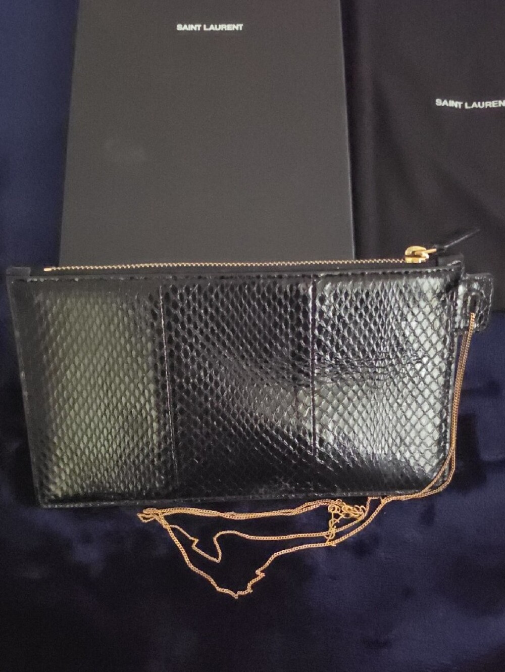 Saint Laurent Black Snake-Embossed Leather Chain Pouch with Gold Hardware - Picture 6 of 10